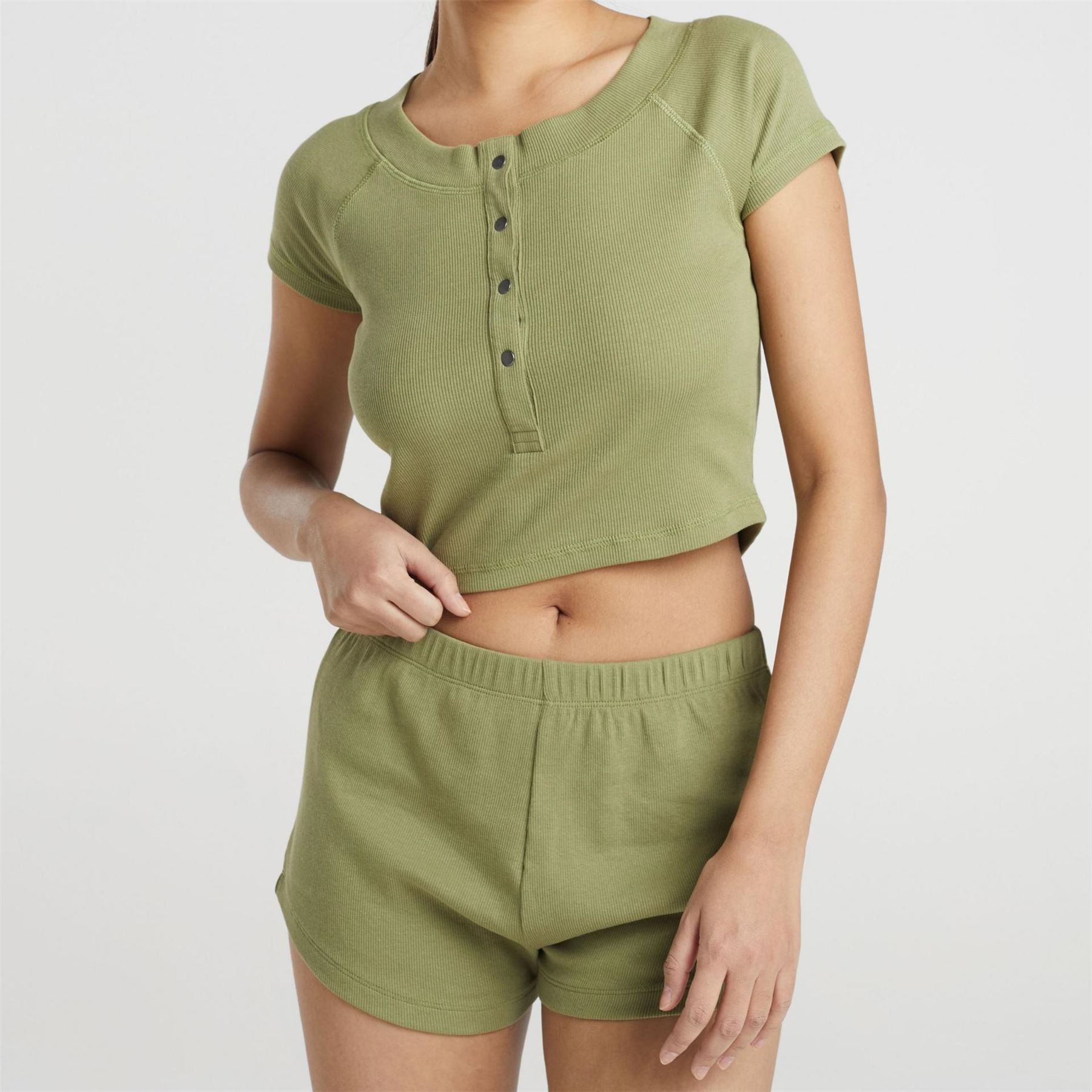 Brave Soul Womens Lounge Set With Henley Cropped Tee  And  Matching Shorts