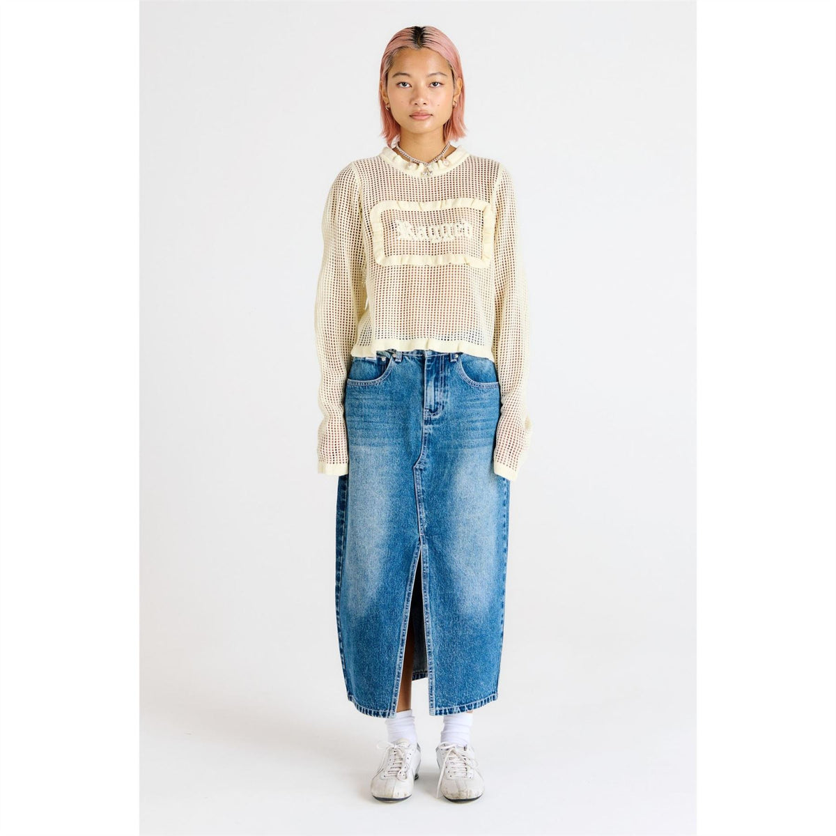 The Ragged Priest Midi Bleach Blue Wash Denim Skirt