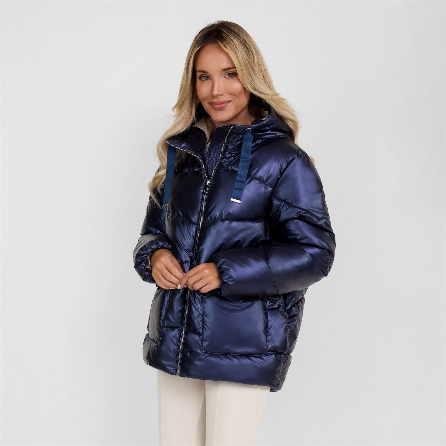 Minoti Women Quilted Short Hooded Jacket With Zip And Pockets Navy
