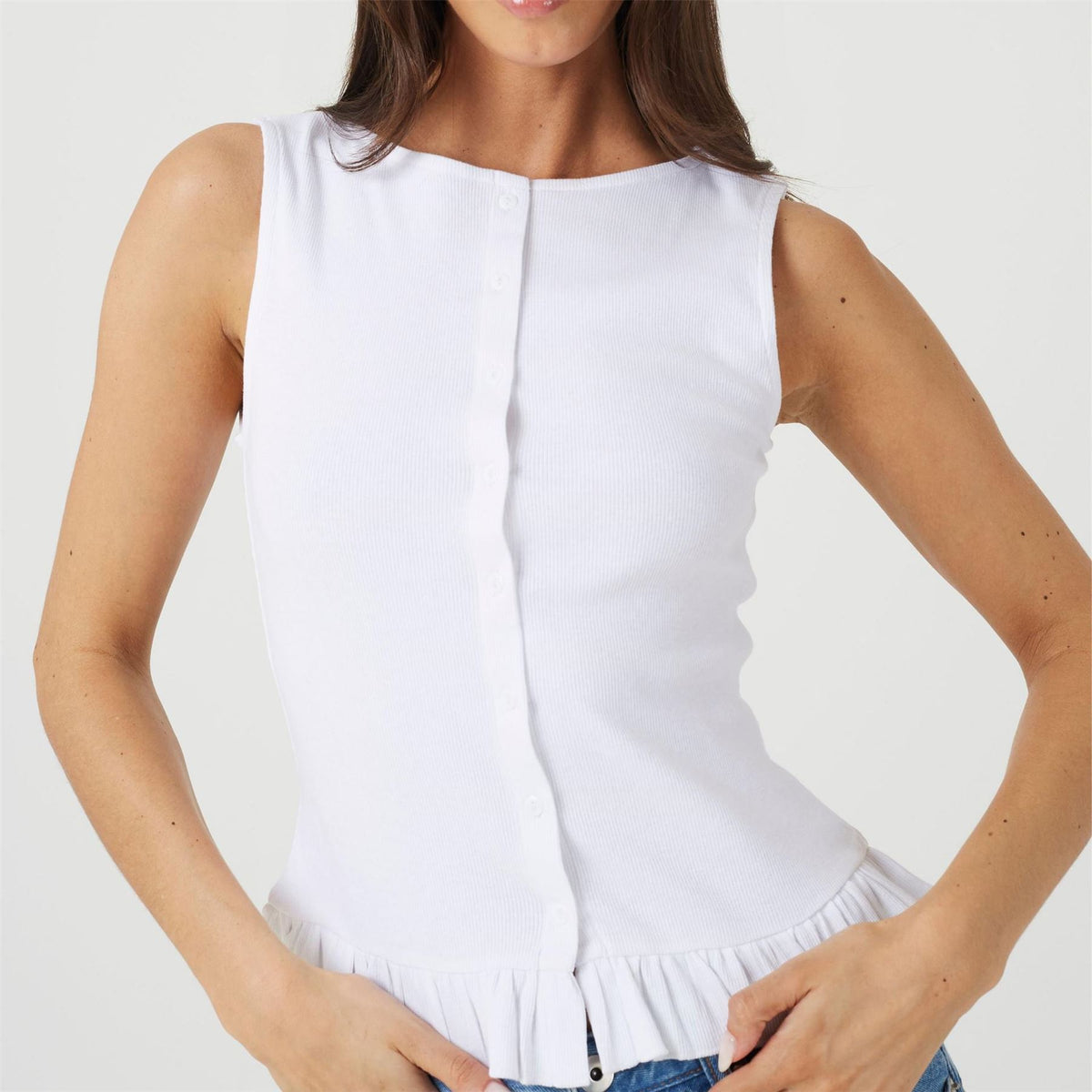 Brave Soul Womens Crew Neck Button Down Vest With Frill Detail