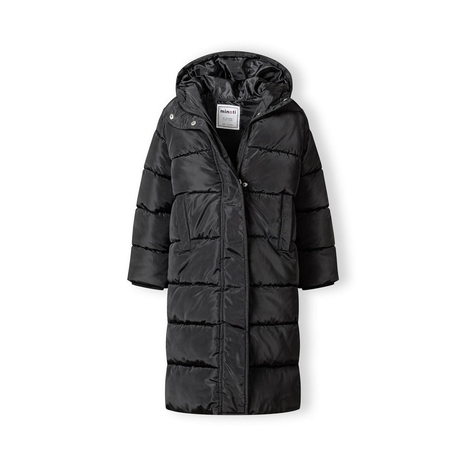 Minoti Girls Long Winter Quilted Coat With Hood And Side Slits Black