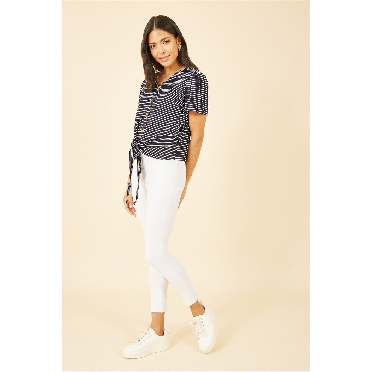 Yumi Striped Jersey Button Detail Top