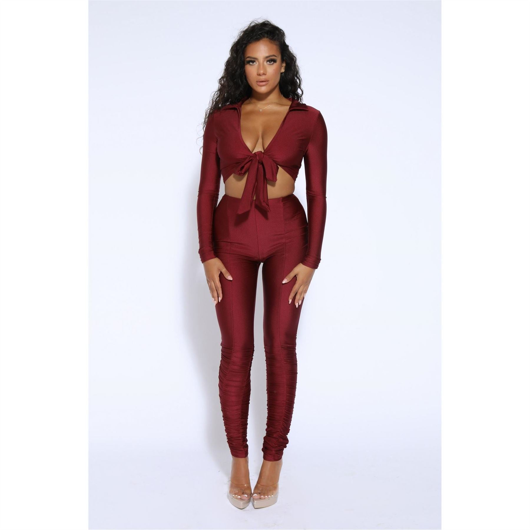 Honeyz Plunging Neck Long Sleeve Shirt Legging Set