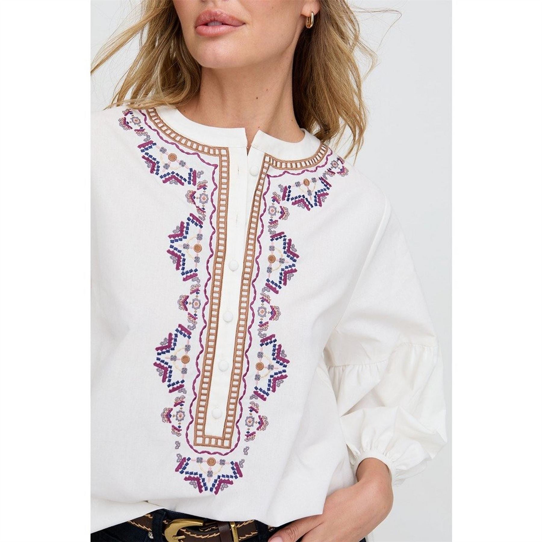 Raffya Embroidered Notched Neck Band Collar Peasant Blouse