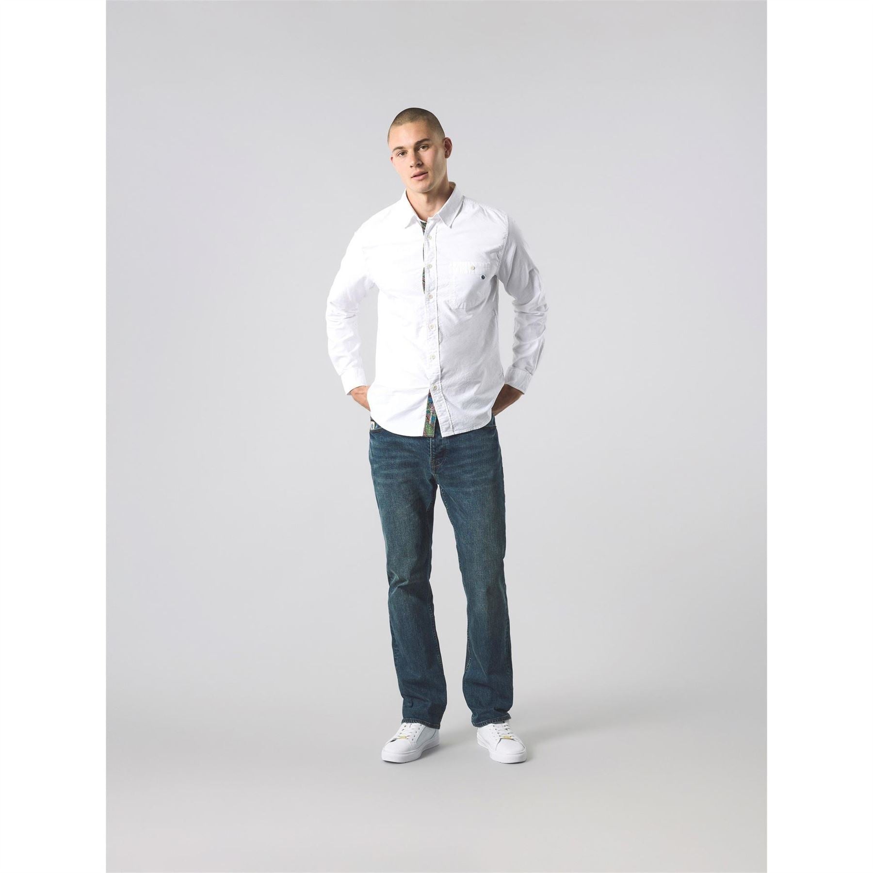 Pretty Green Button Down Collar Long Sleeve Shirt with Chest Pocket