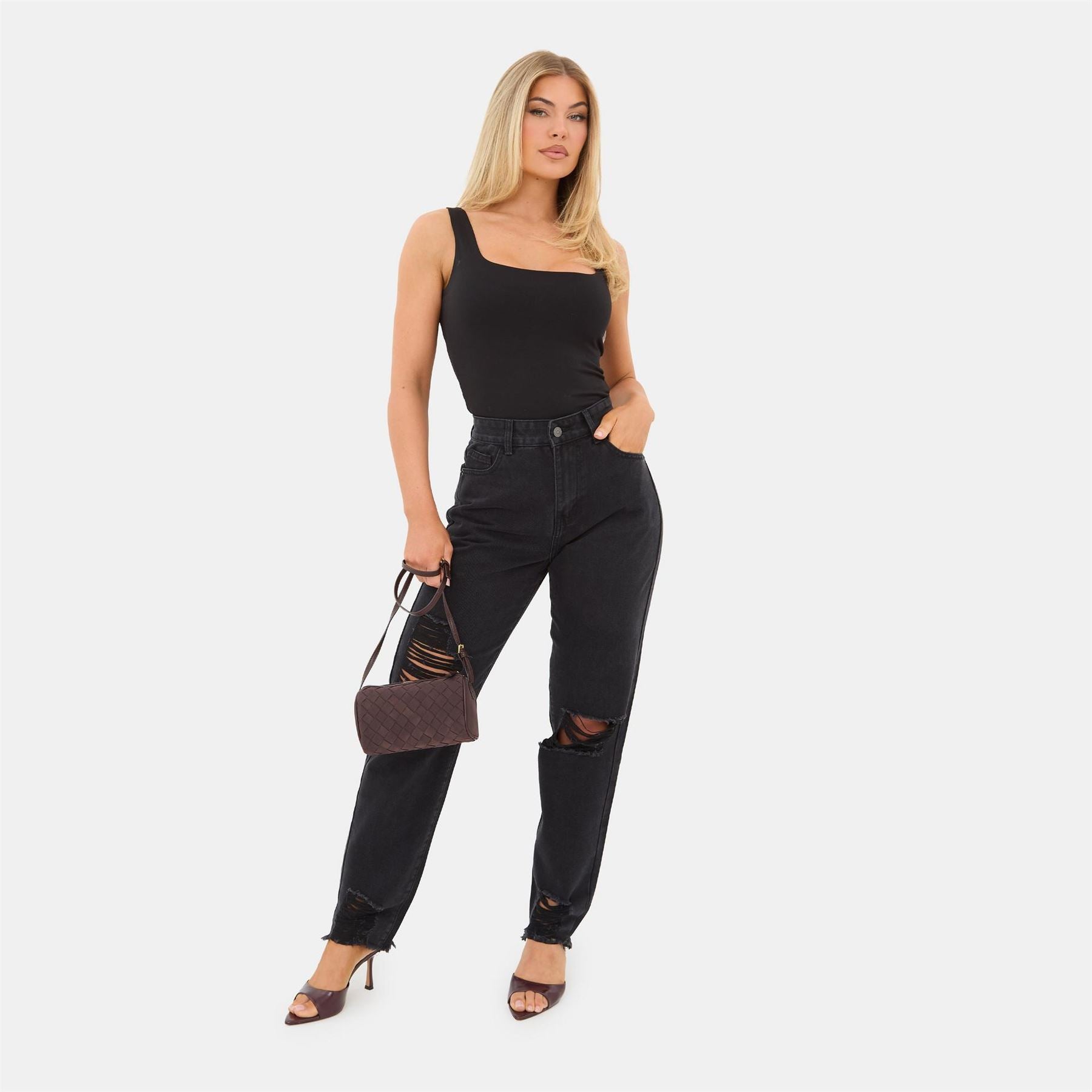 I Saw It First High Waisted Distressed Cotton Straight Leg Jeans
