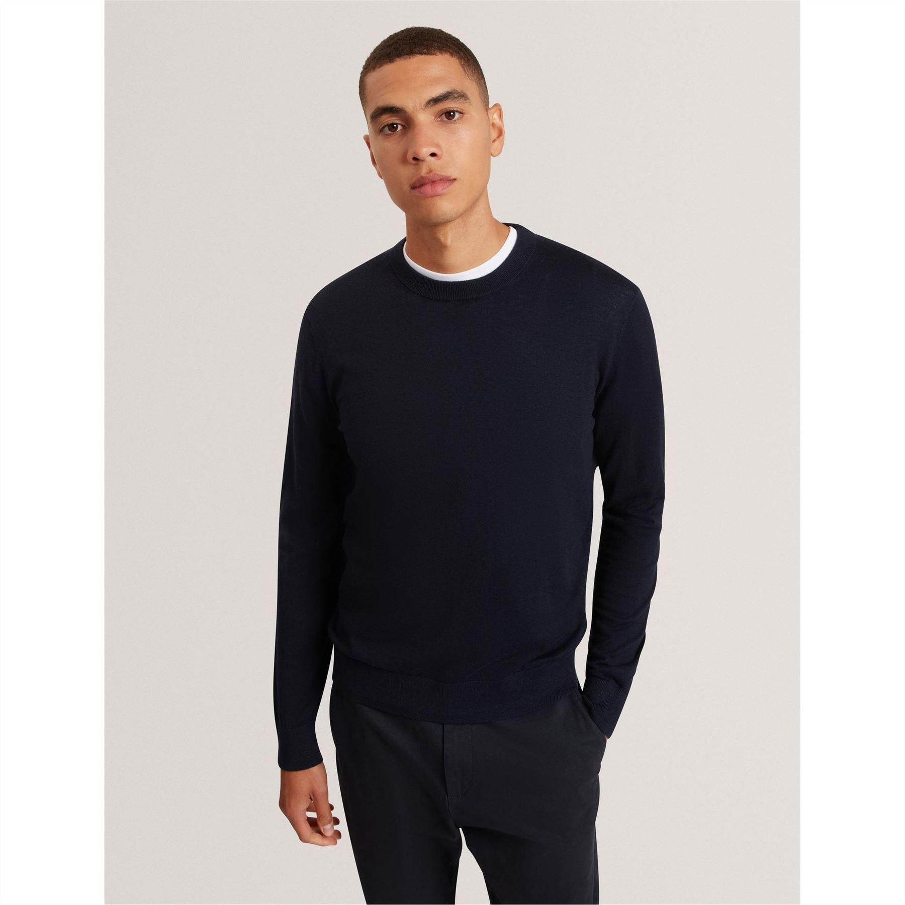 Ted Baker Merino Crew Neck Ribbed Collar Long Sleeve Sweater