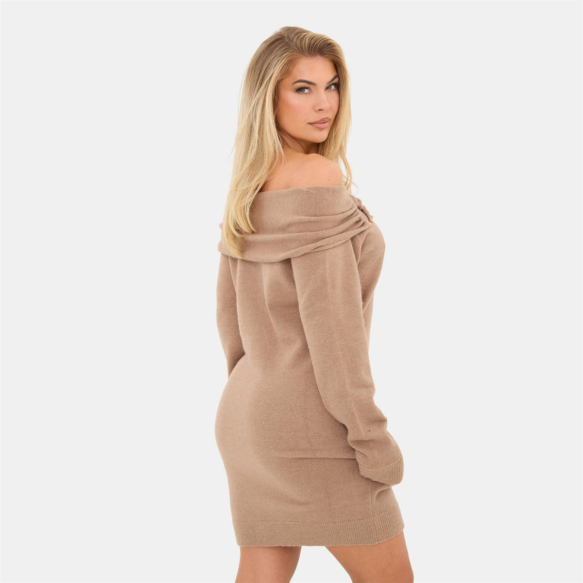 I Saw It First Trim Bardot Mini Long Sleeve Knitted Jumper Dress