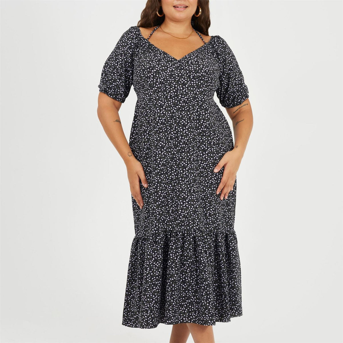 Brave Soul Plus Size Tiered Floral Midi Dress With Adjustable Sleeves