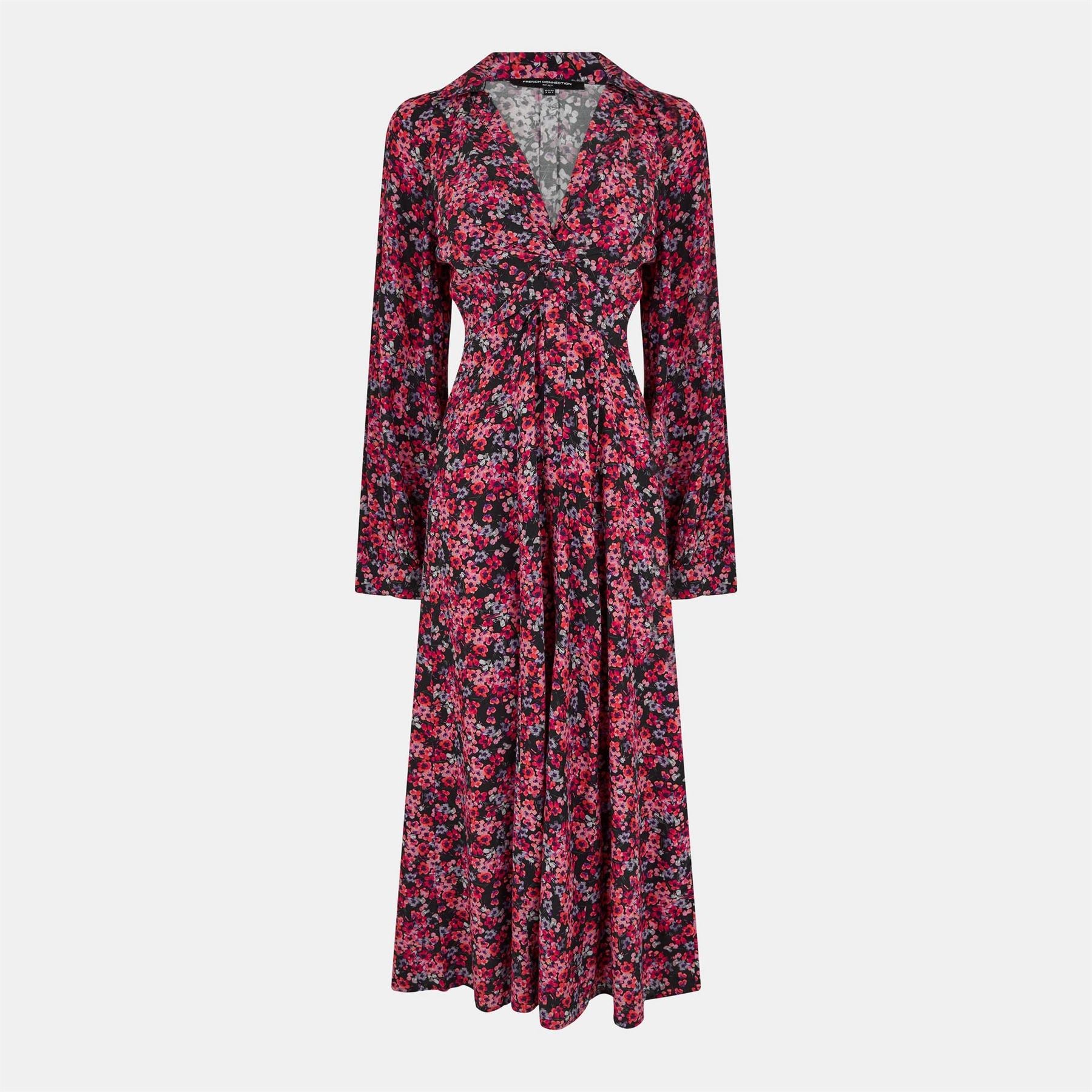 French Connection V-Neck Midi A-Line Dress with Floral Pattern and Long Sleeves