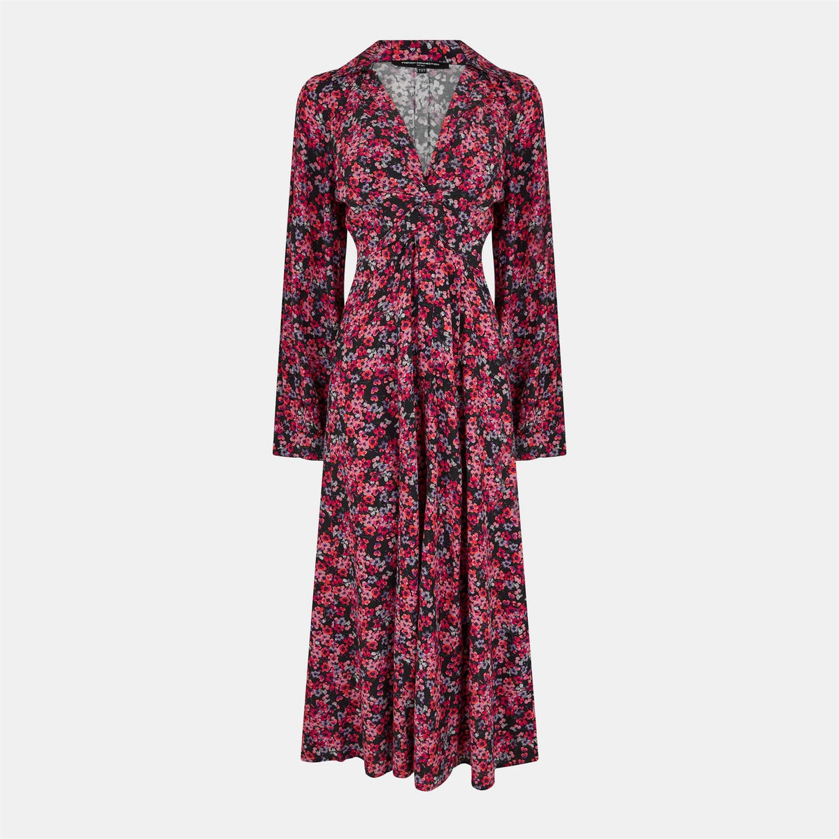 French Connection V-Neck Midi A-Line Dress with Floral Pattern and Long Sleeves