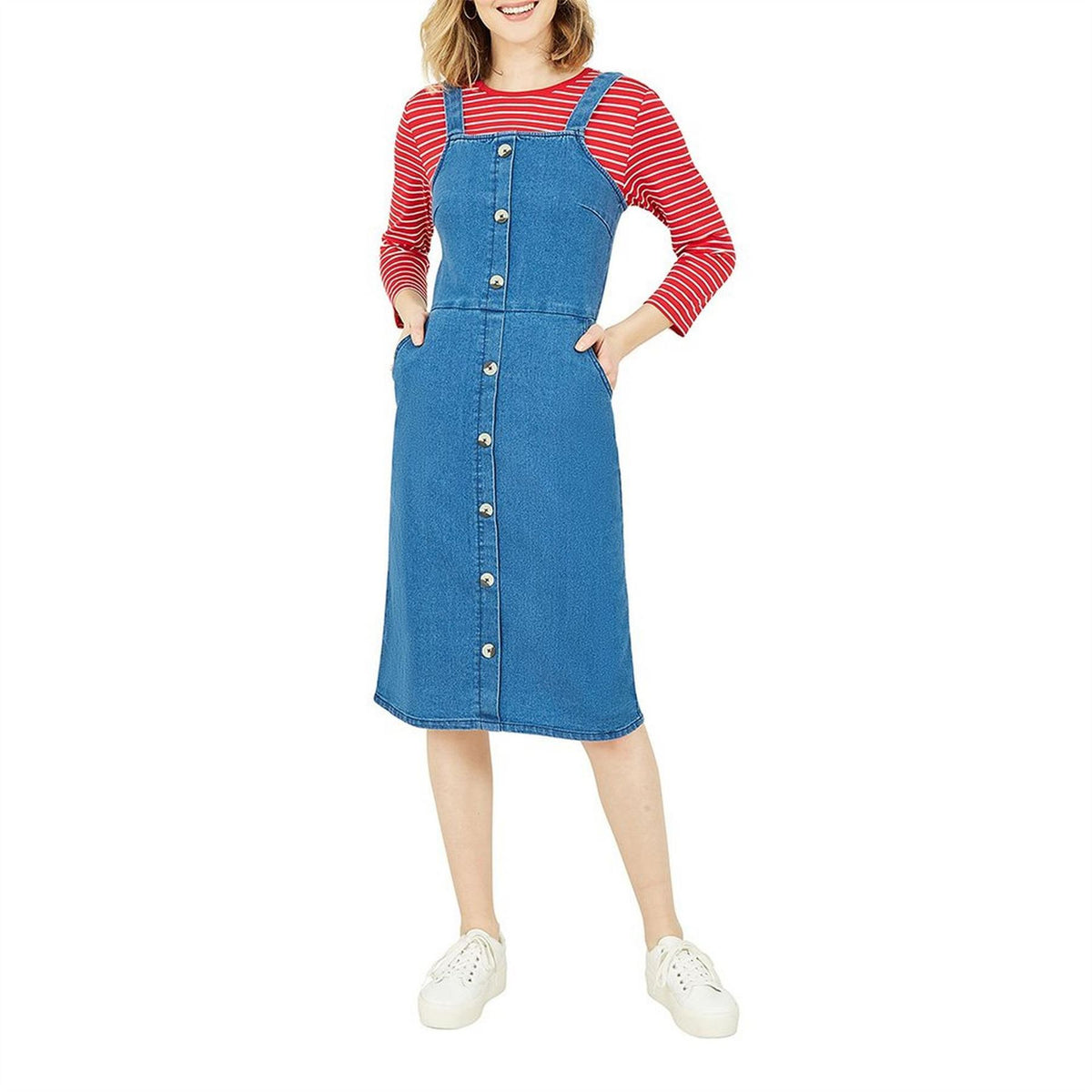 Yumi Blue Square Neck Midi A-Line Dress