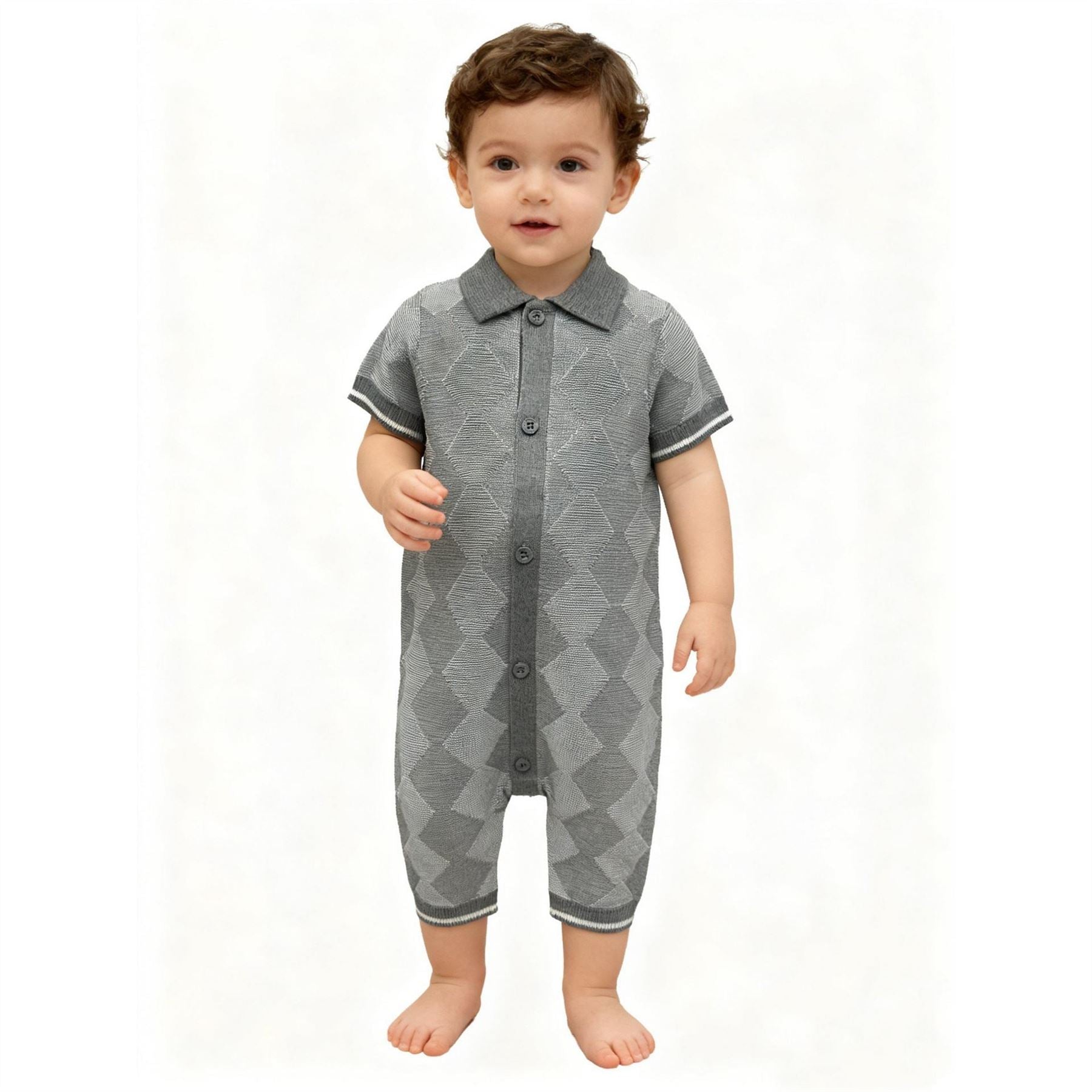 Pretty Green Collared Neck Argyle Patterned Short Sleeve Romper