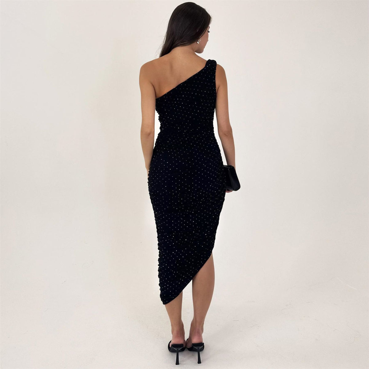 AX Paris Diamante Sparkle One Shoulder Ruched Midi Dress