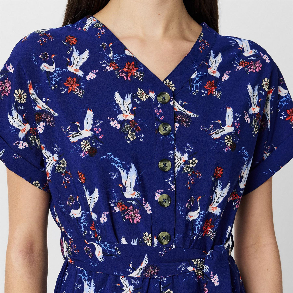Yumi Crane Print Collared Culotte Jumpsuit