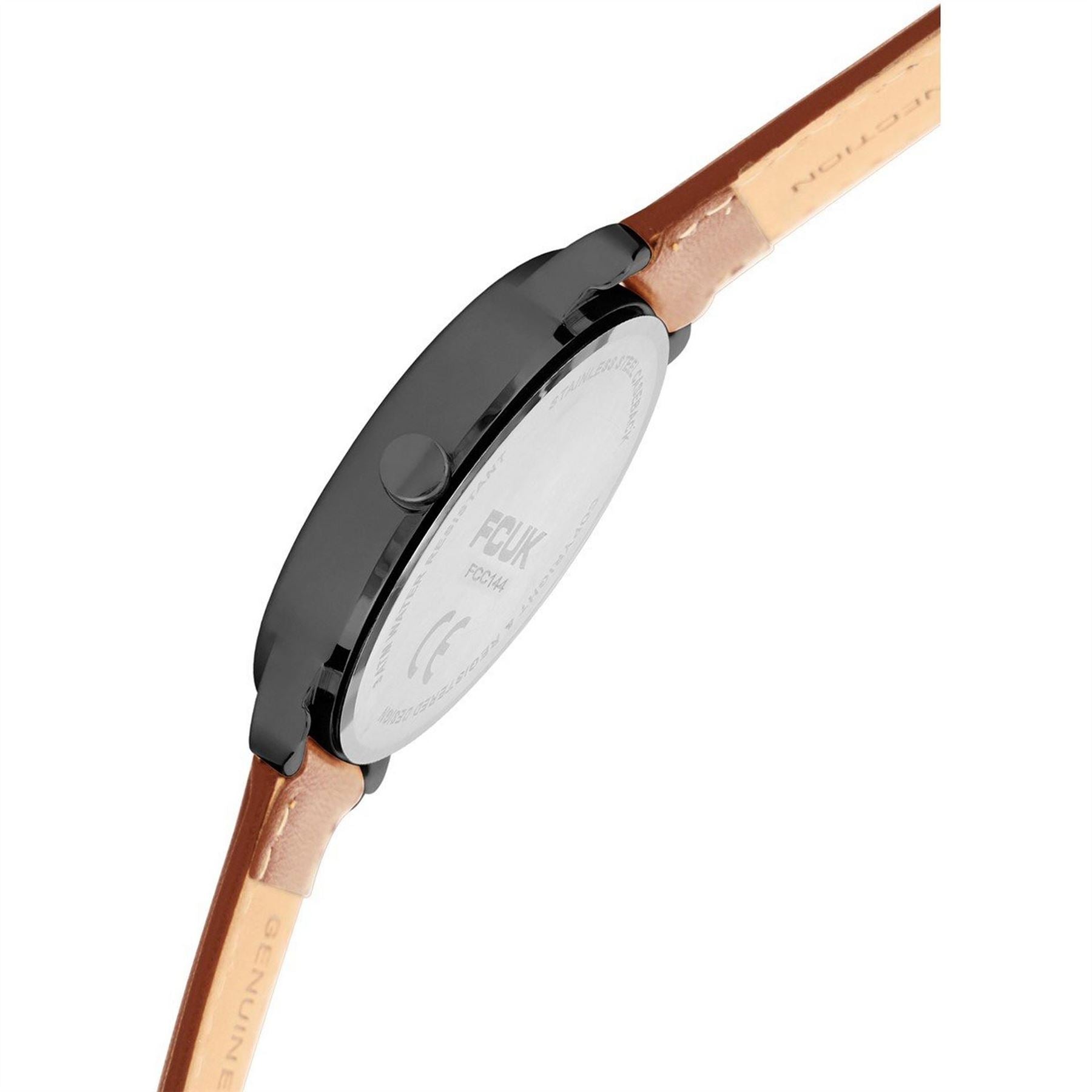 FCUK Black Case Round Shape Tan Strap Quartz Watch