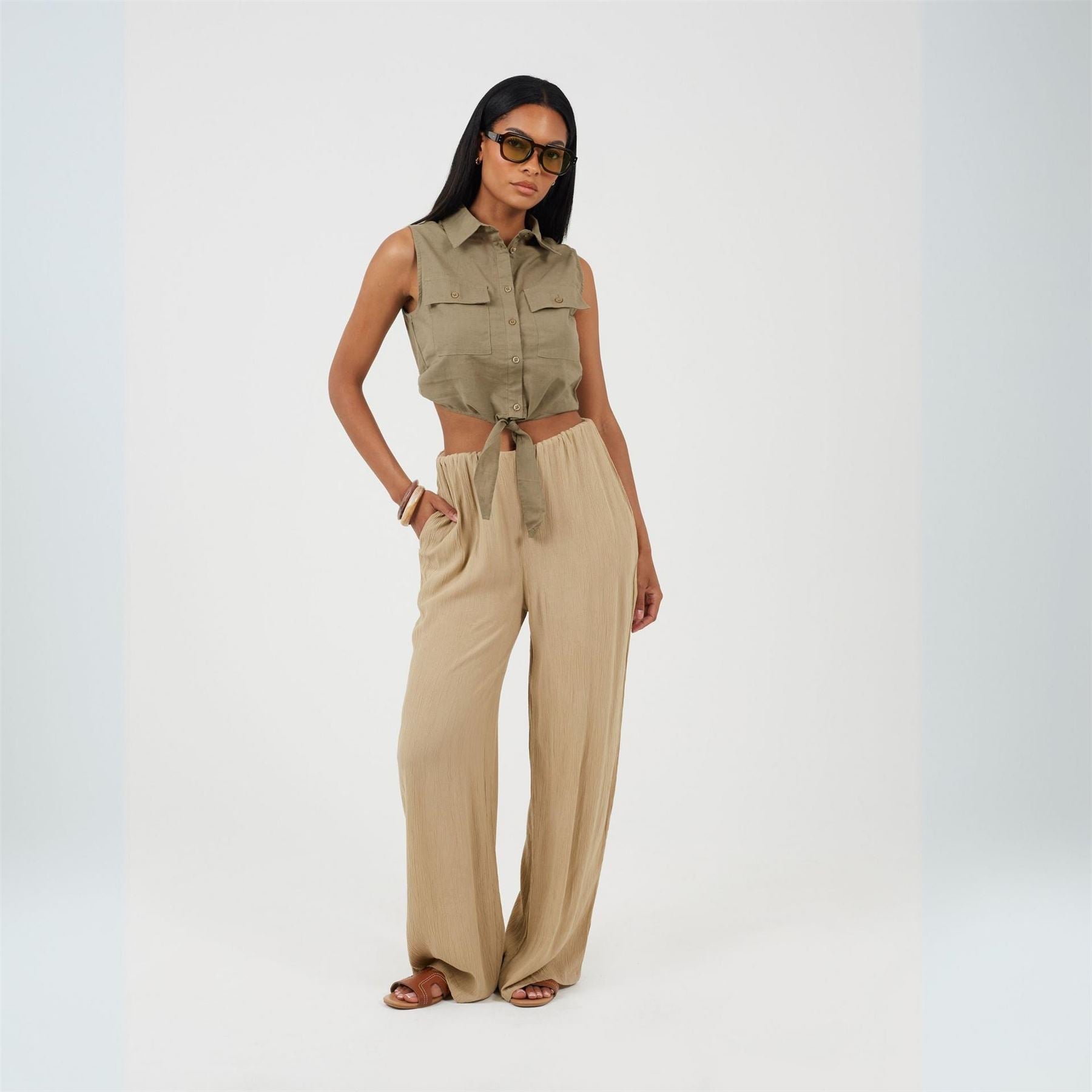 Brave Soul Womens Sleeveless Collared Top With Tie Detail