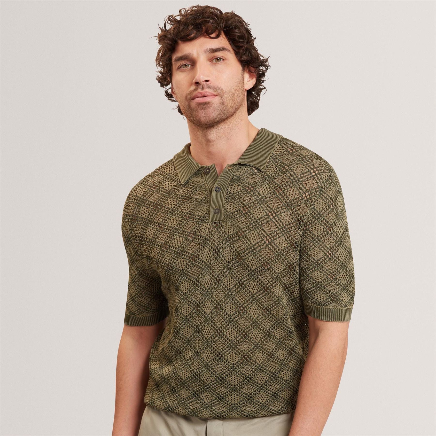 Ted Baker Geometric Open Knit Short Sleeve Polo