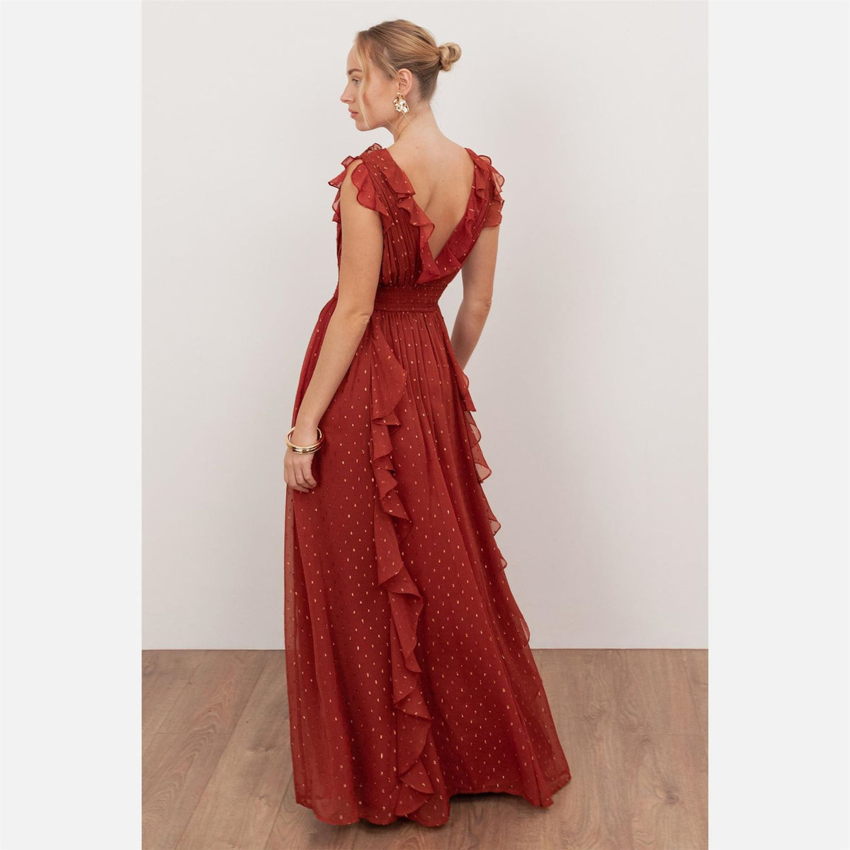 Anaya With Love With Love Recycled Chilli Red Plunge Neck Waterfall Ruffle Maxi Dress