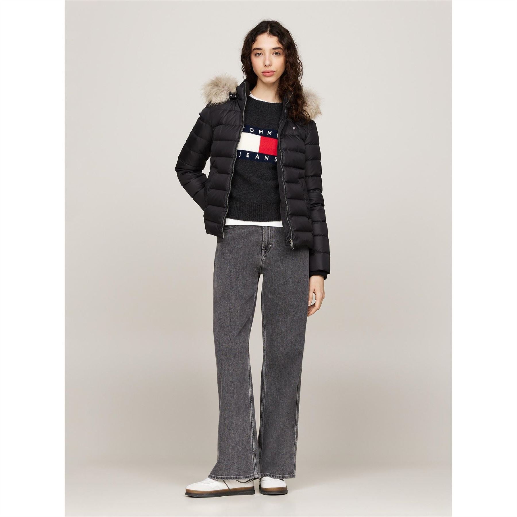 Tommy Jeans Essential Quilted Wind Resistant Faux Fur Hood RDS Down Short Puffer Jacket