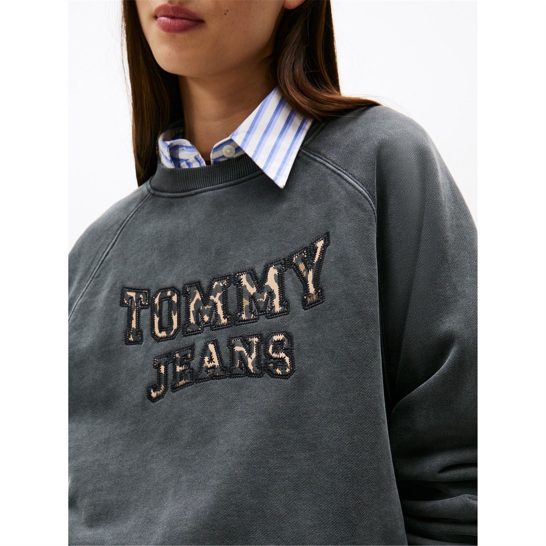 Tommy Jeans Leopard Embroidered Crew Neck Long Sleeve Sweatshirt
