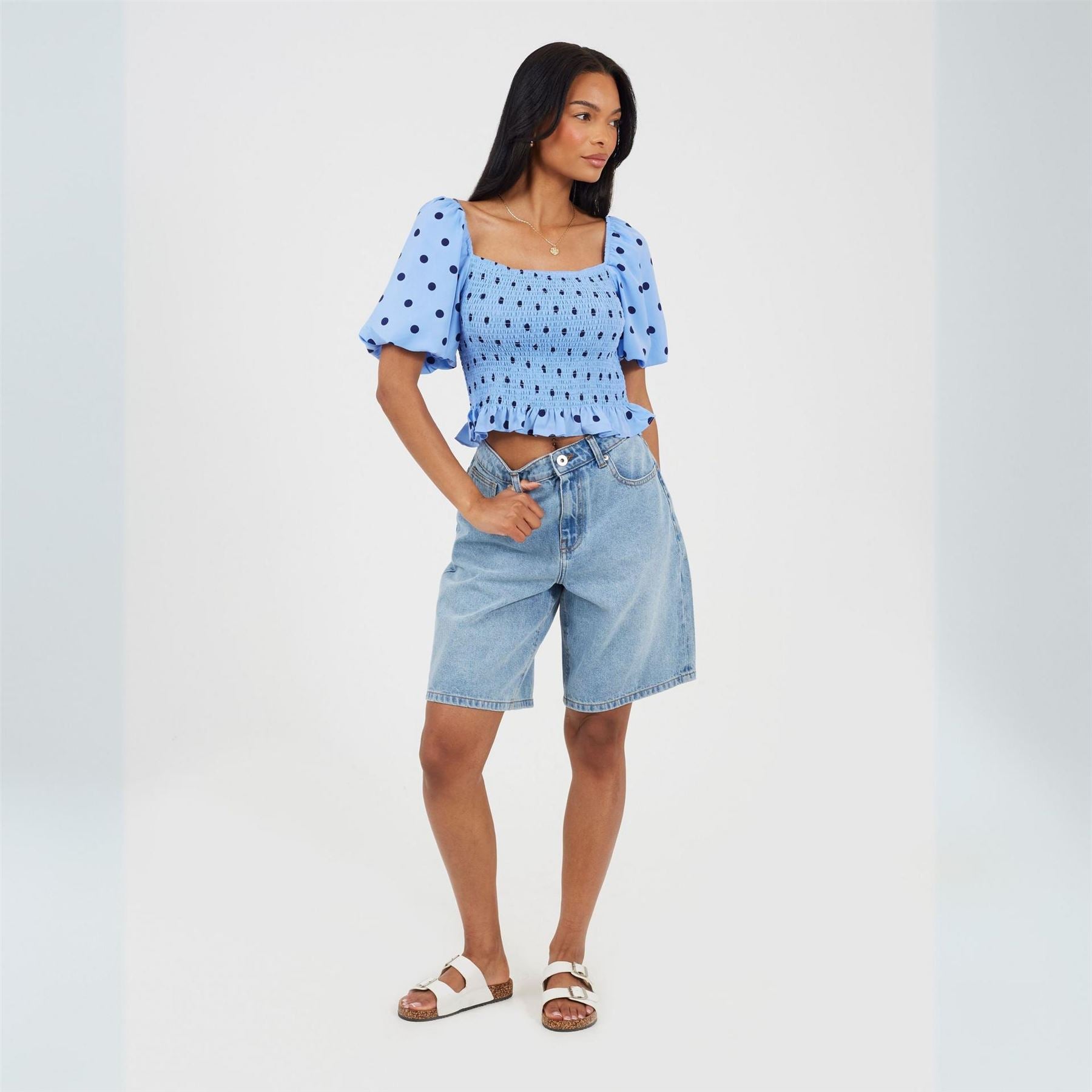 Brave Soul Womens Puff Sleeve Shirred Bust Polka Dot Top