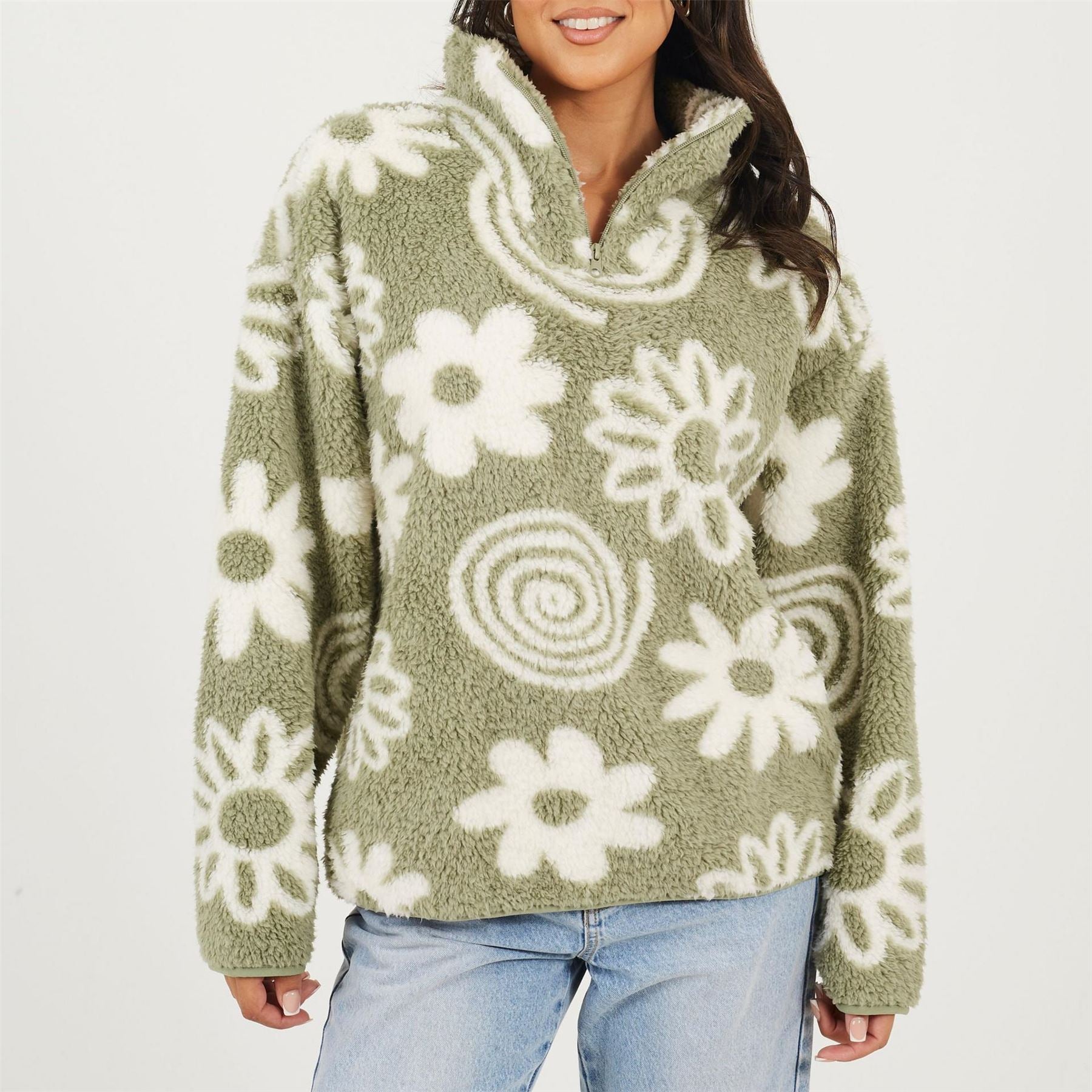 Brave Soul Flower Print High Neck Fleece Sweatshirt