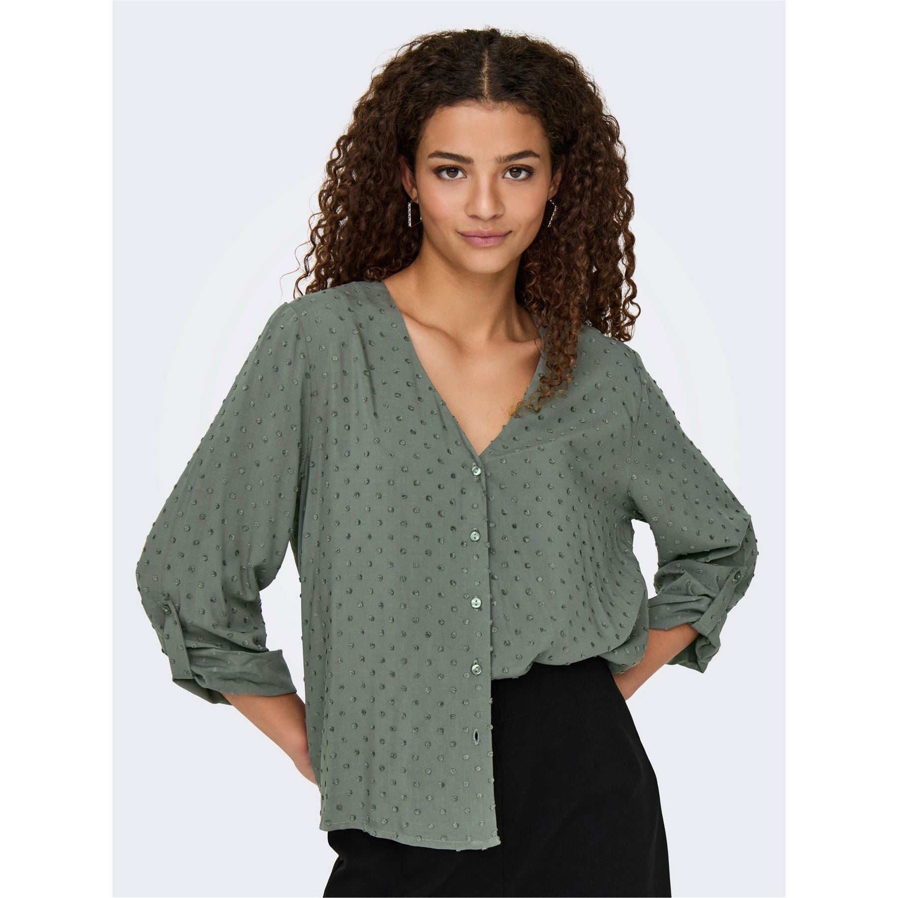 Only V-Neck Long Sleeve Button Tab Shirt