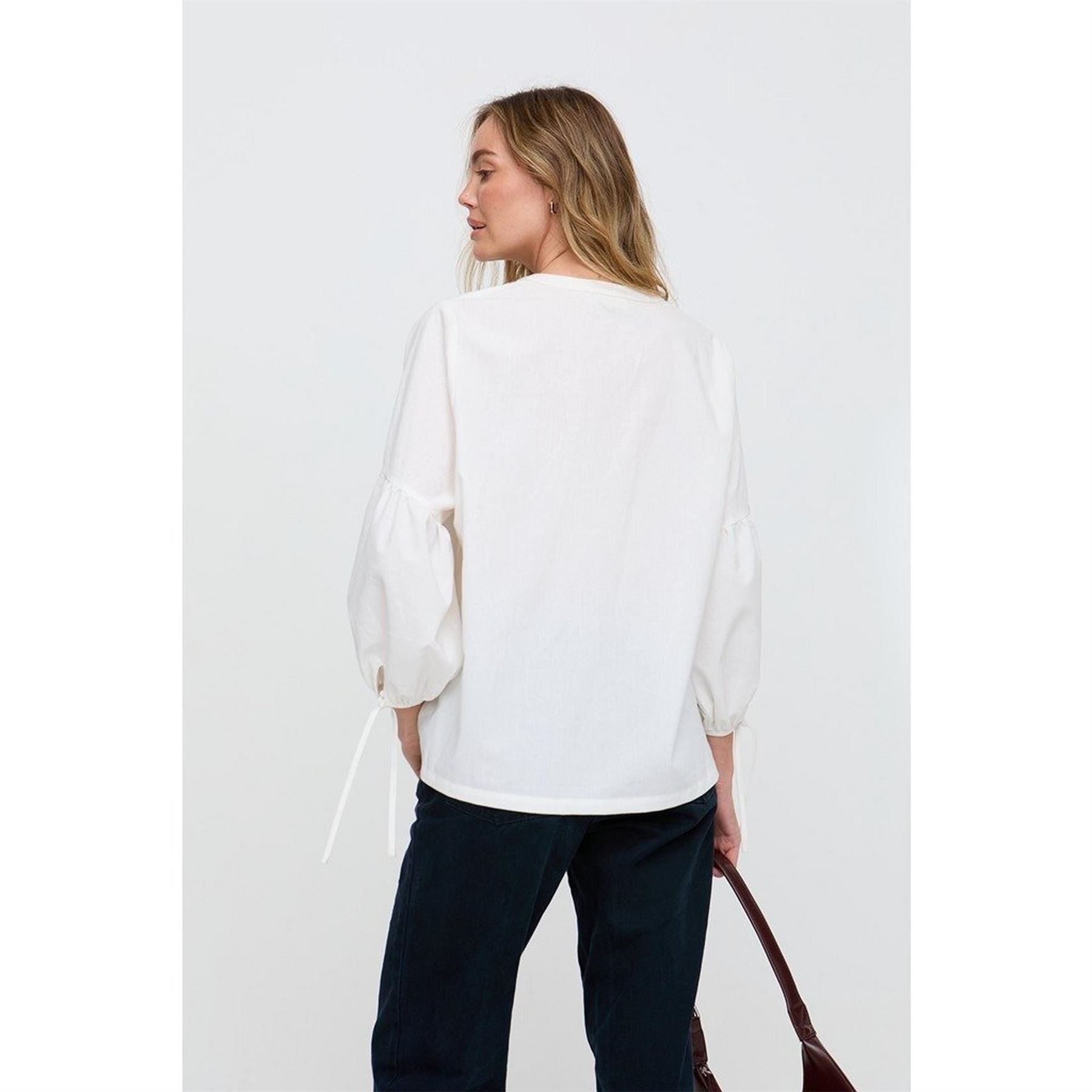 Raffya Embroidered Notched Neck Band Collar Peasant Blouse