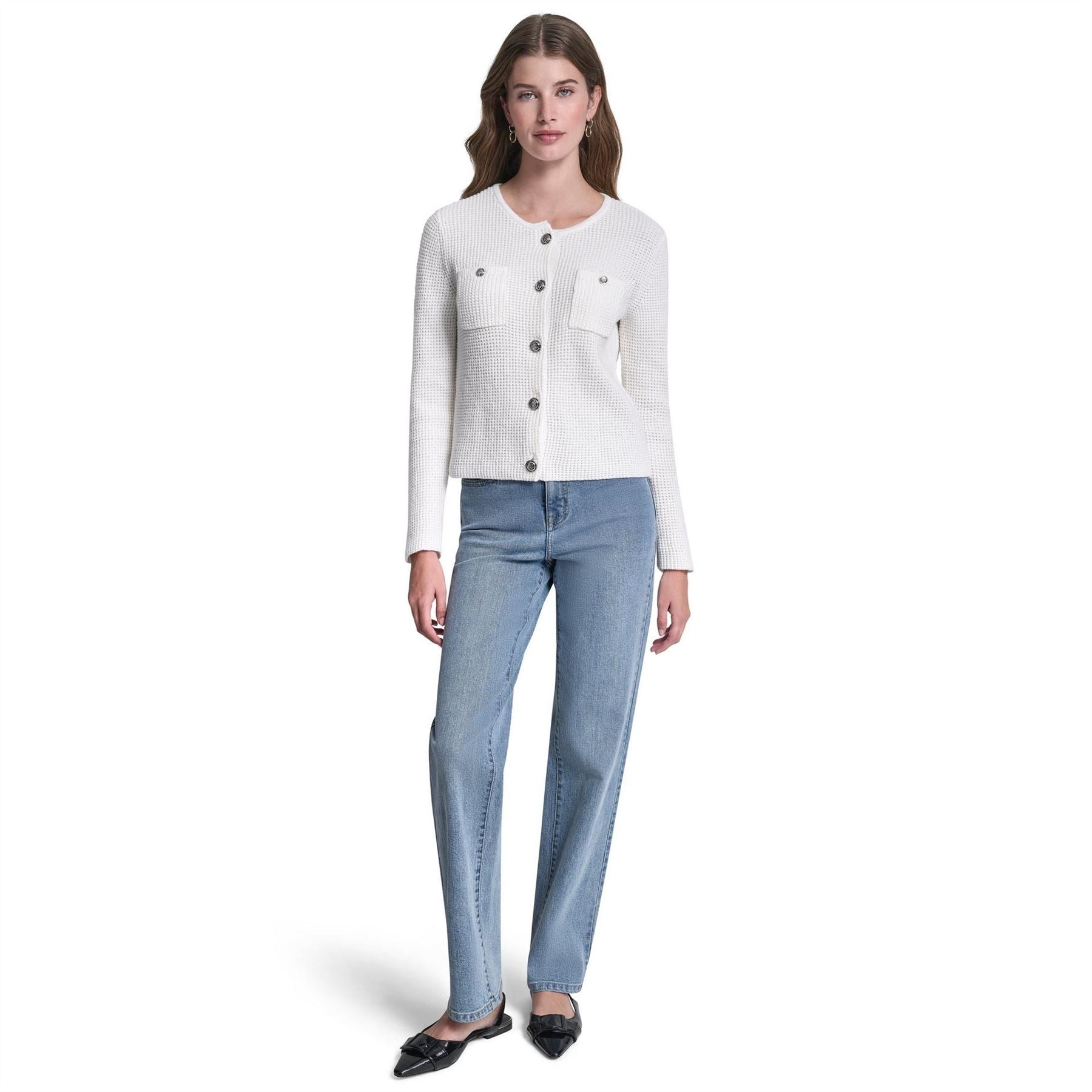 DKNY Jeans Tuck Stitch Crew Neck Cardigan W  Regal Buttons
