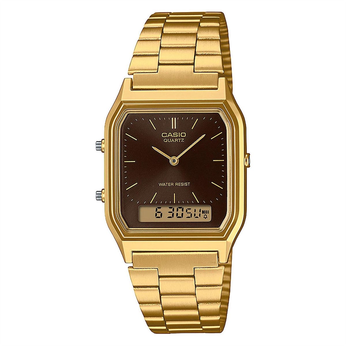 Casio 230ga 5amqyes Dual Time Zone Water Resistant Stainless Steel Gold Digital Watch