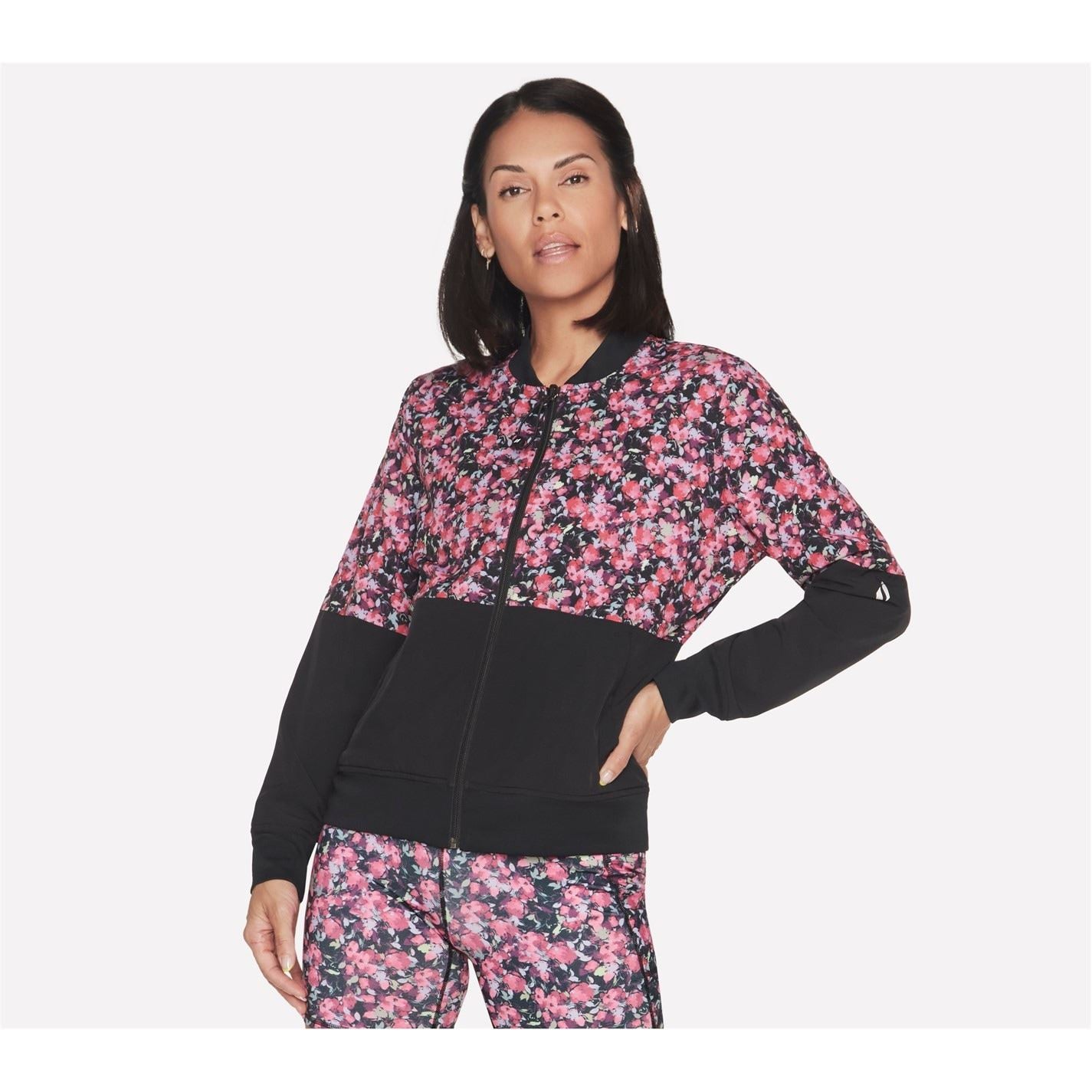 Skechers Skechweave Floral Patterned Bomber Jacket with Ribbed Cuff