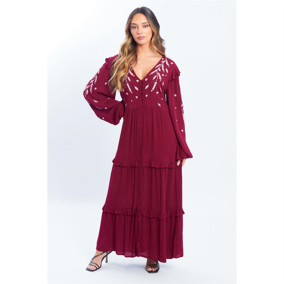 Be You Embroidered V-Neck Maxi Tiered Dress
