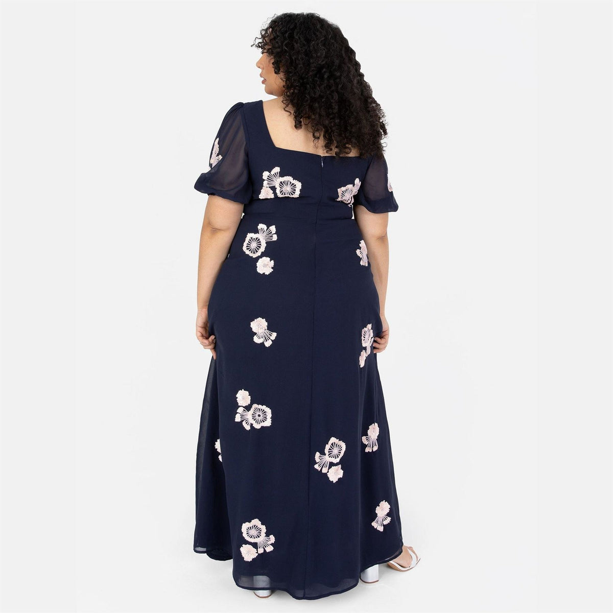 Maya Deluxe Navy Short Sleeve Floral Embellished Maxi Dress