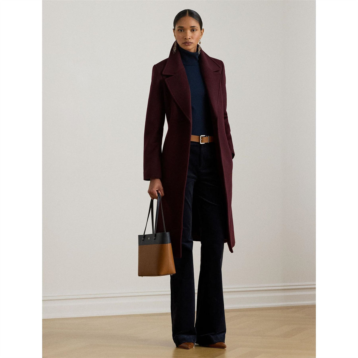 Lauren by Ralph Lauren Wool Solid Patterned Wrap Coat with Lapel Collar