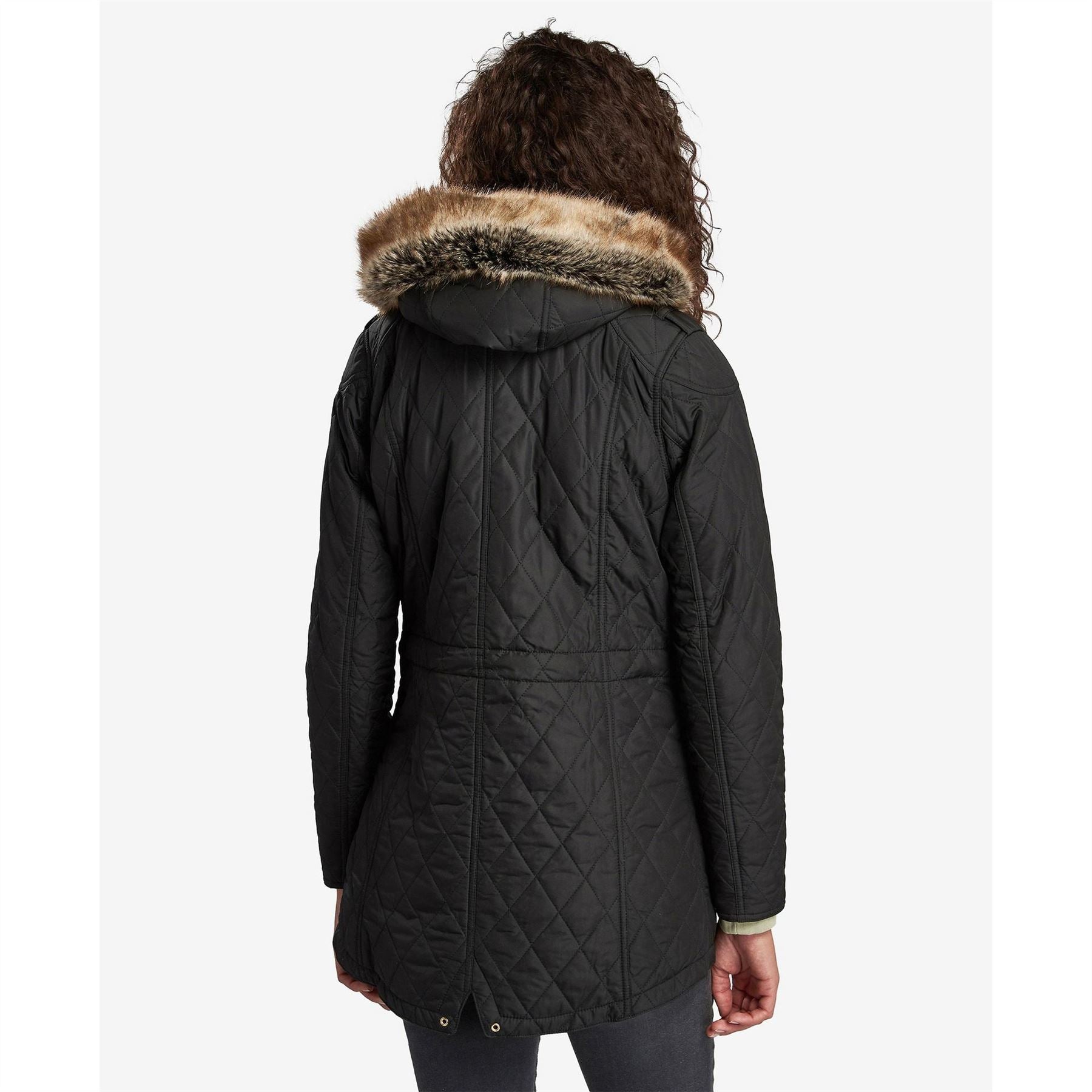 Barbour International Enduro Quilted Windproof Faux Fur Trim Mid Length Short Puffer Jacket