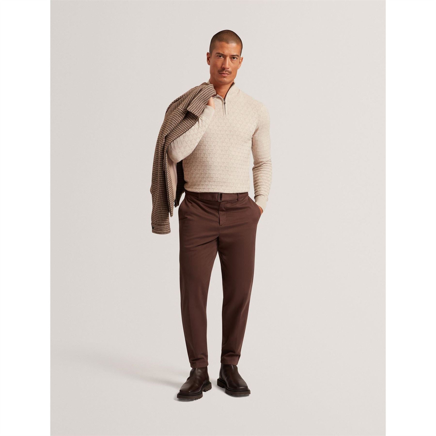Ted Baker Zip Neck Ribbed Collar Long Sleeve Sweater