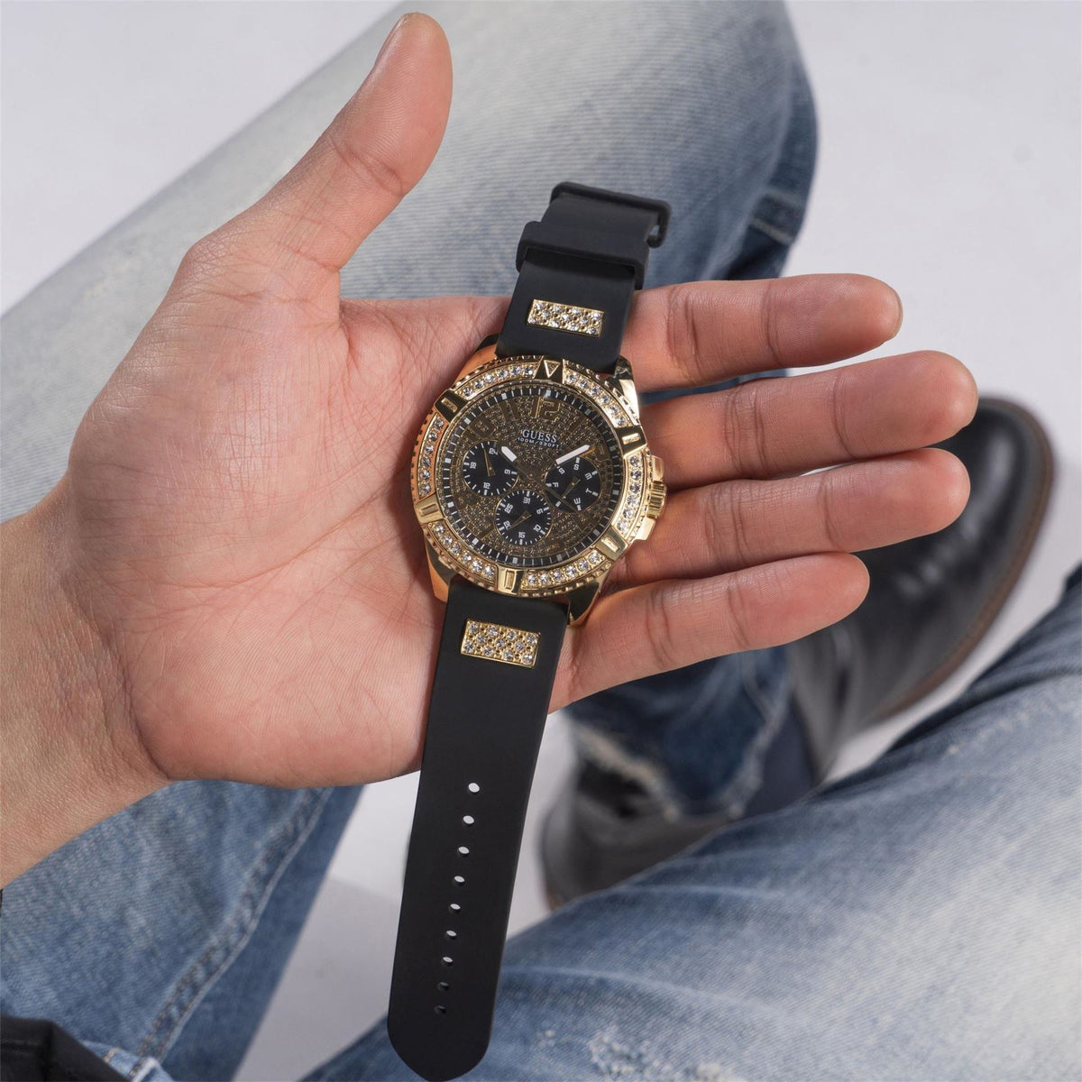 Guess Gold Analogue Fashion Watch with Black Rubber Single Wrap Strap
