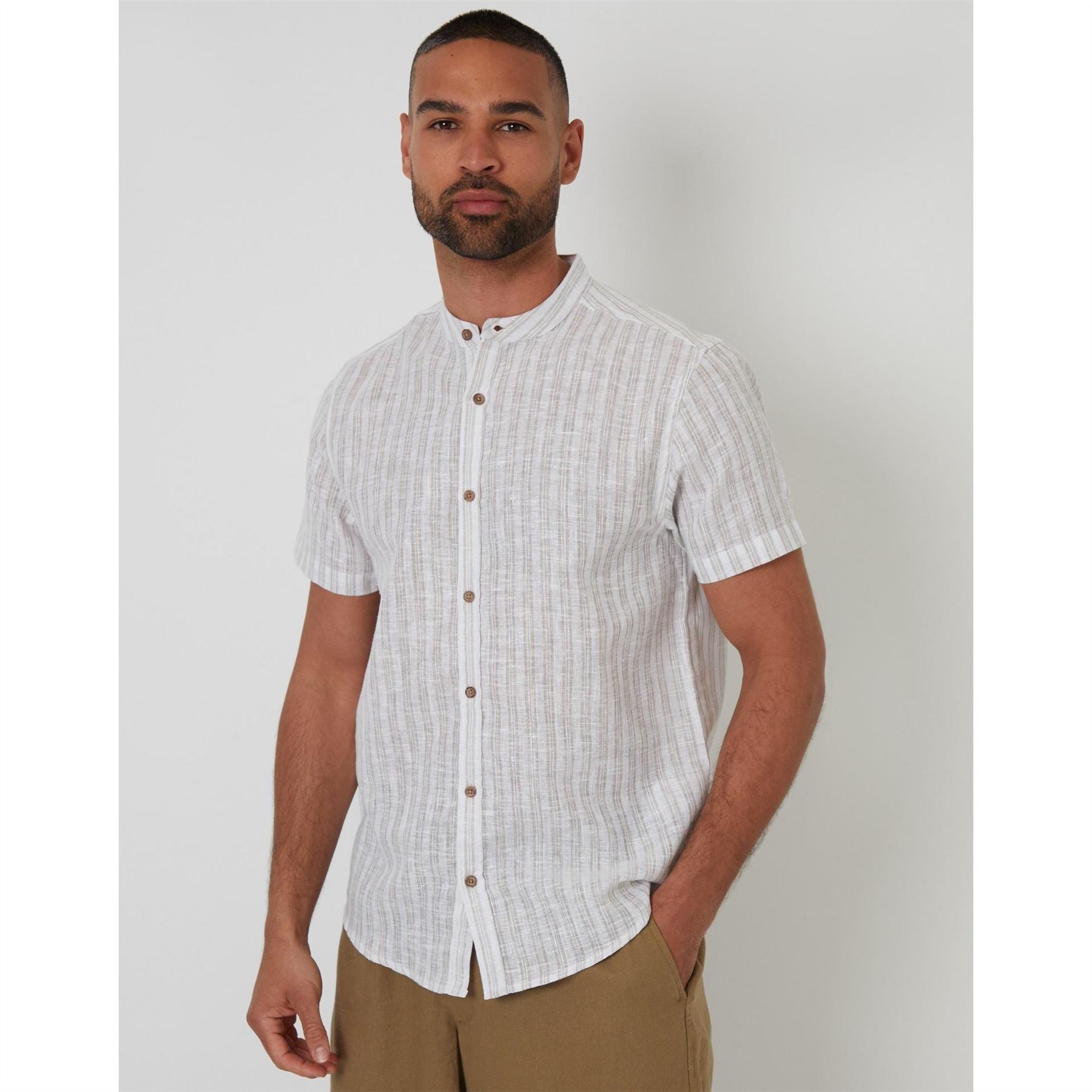 Threadbare Papa Band Collar Short Sleeve Shirt