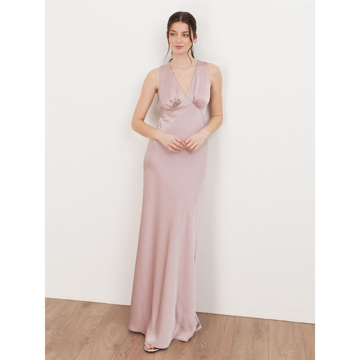 Maya Deluxe V Neck Open Back Satin Bridesmaid Maxi Dress