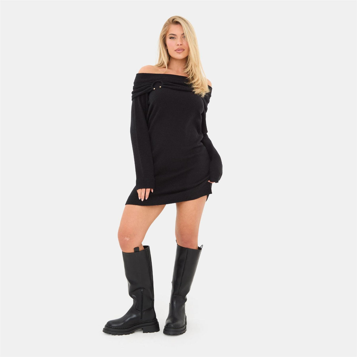 I Saw It First Trim Bardot Mini Long Sleeve Knitted Jumper Dress