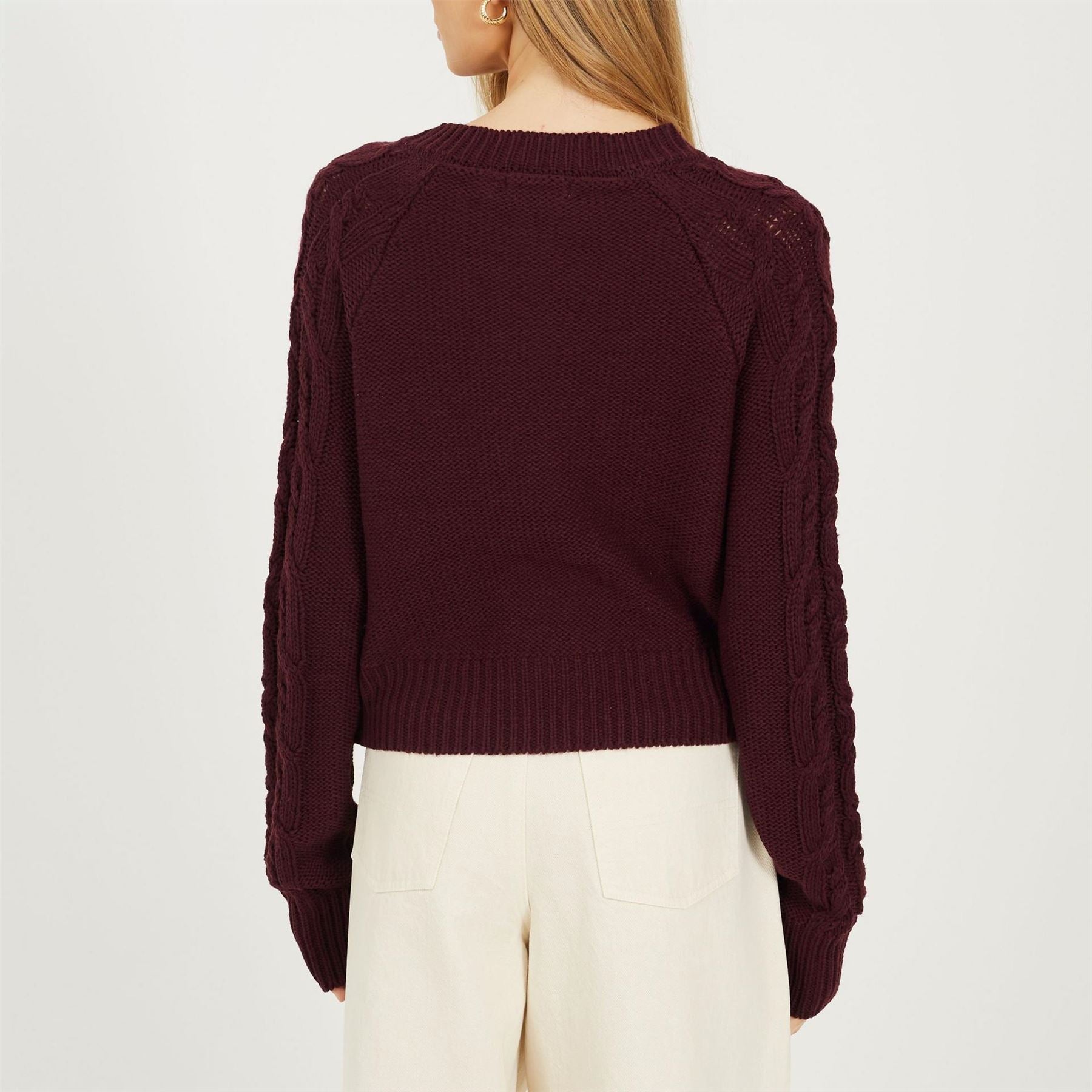 Brave Soul Womens Crew Neck Cable Knit Cardigan With Raglan Sleeve