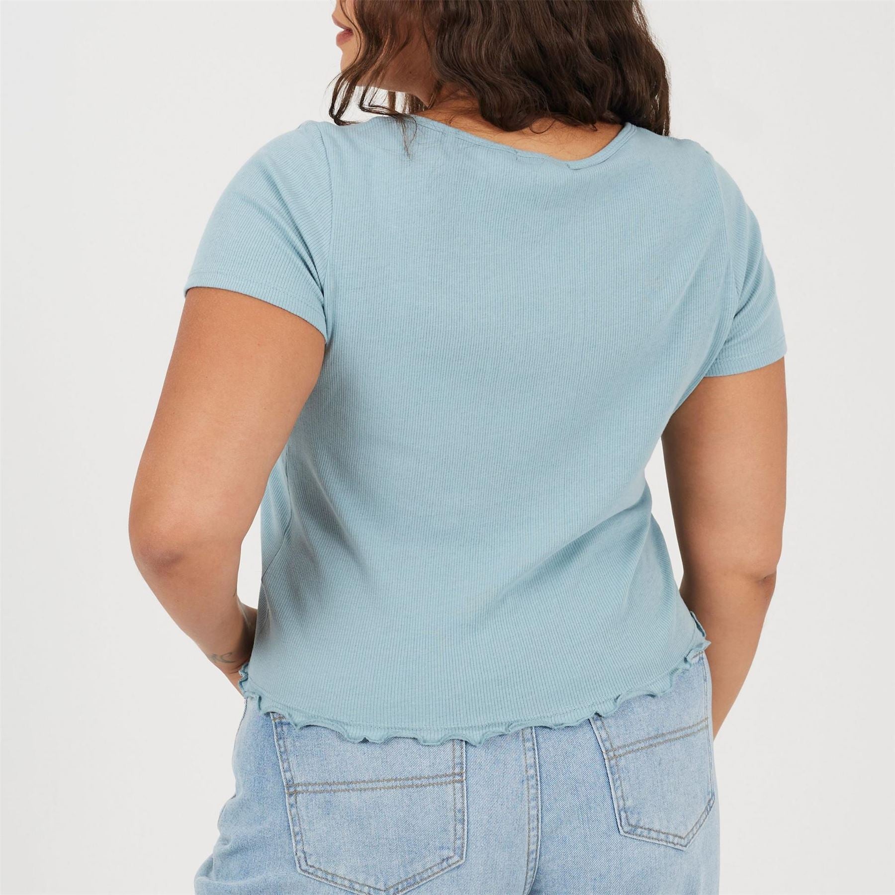 Brave Soul Plus Size Button Through Short Sleeve Top With Lettuce Hem