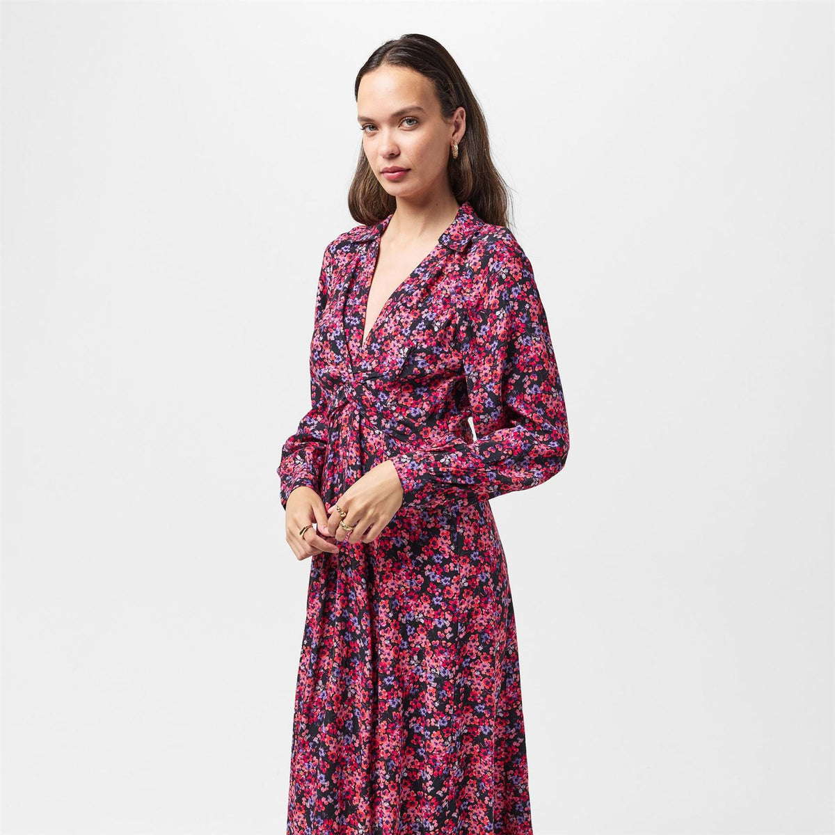 French Connection V-Neck Midi A-Line Dress with Floral Pattern and Long Sleeves