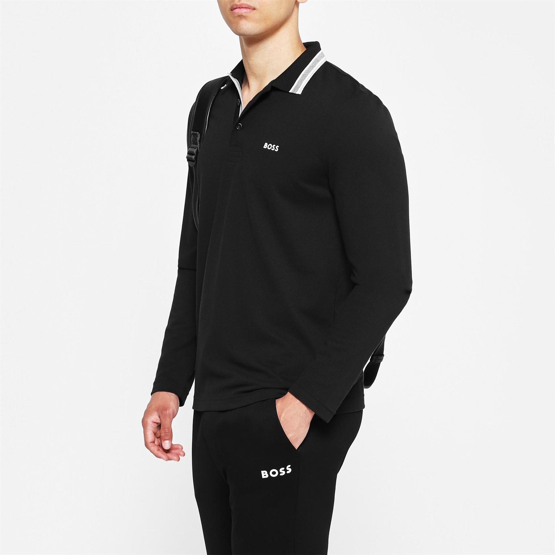 Boss Plisy Tipped Collar Cotton Long Sleeve Polo Shirt