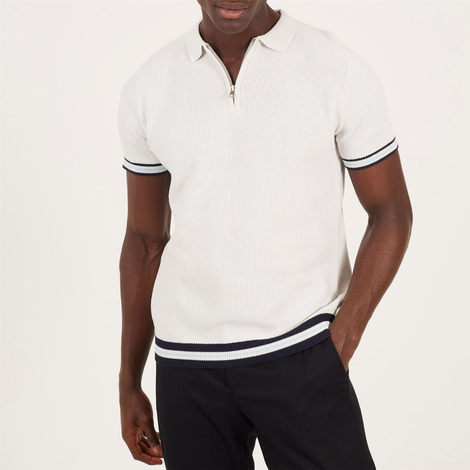 Brave Soul Mens Knitted Polo With Zip Neck  And  Contrast Trims