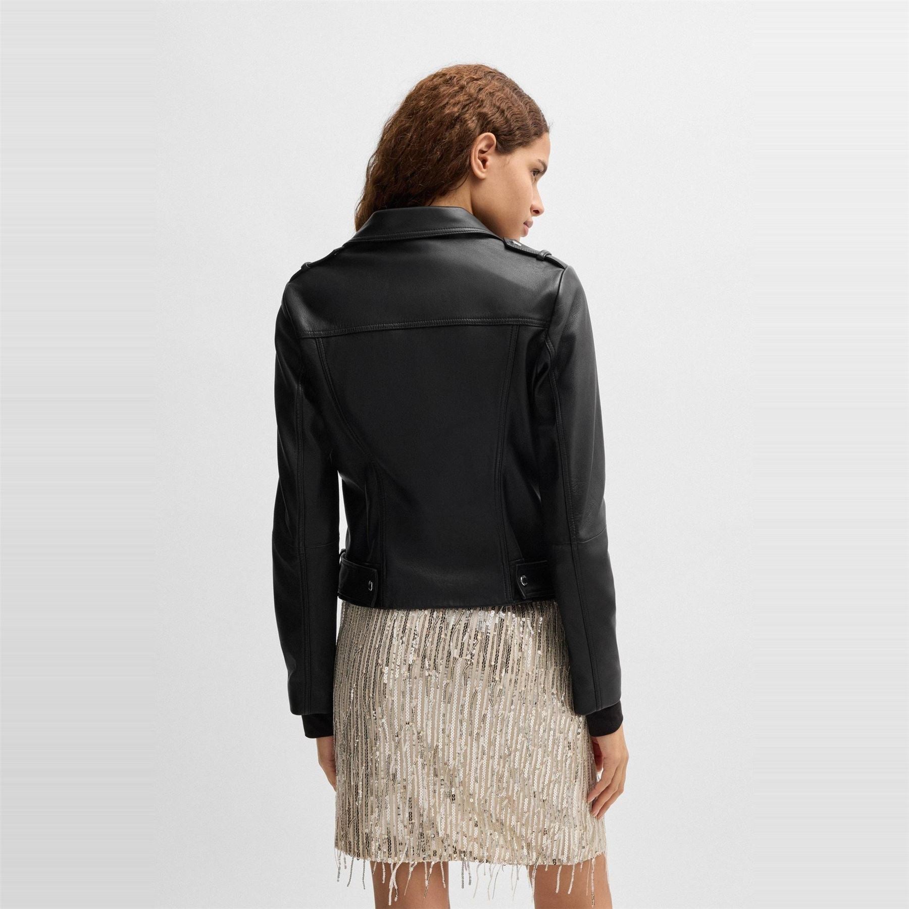 Boss Solid Patterned Asymmetric Zipper Lapel Collared Bike Jacket