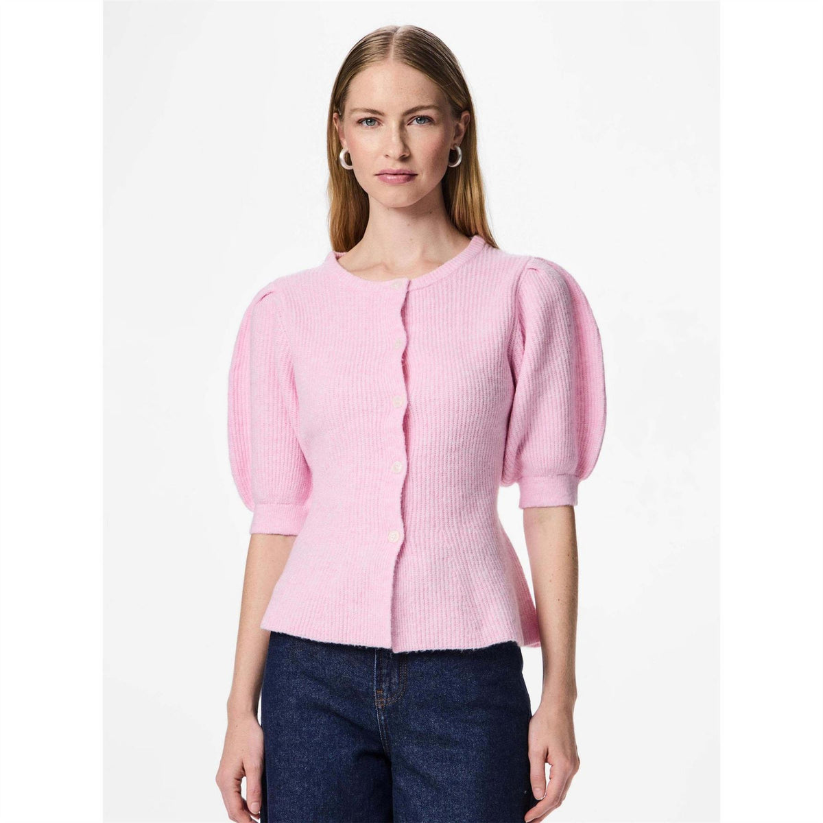 Pieces Crew Neck Puff Sleeve Short Sleeve Sweater