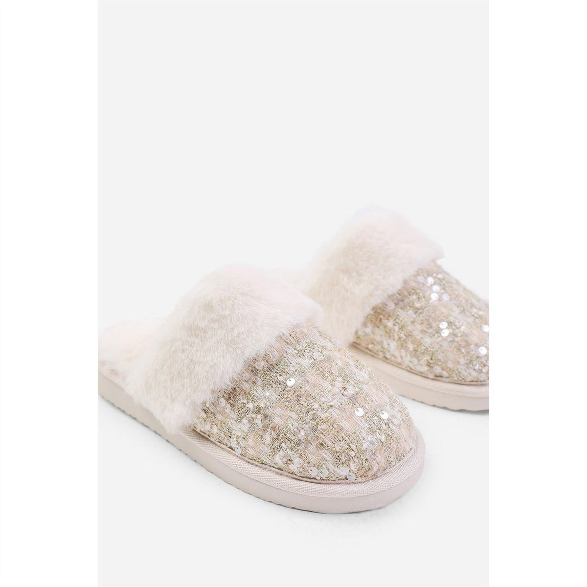 Wheres That From Sequin Tweed Mule Slippers With Faux Fur Trim