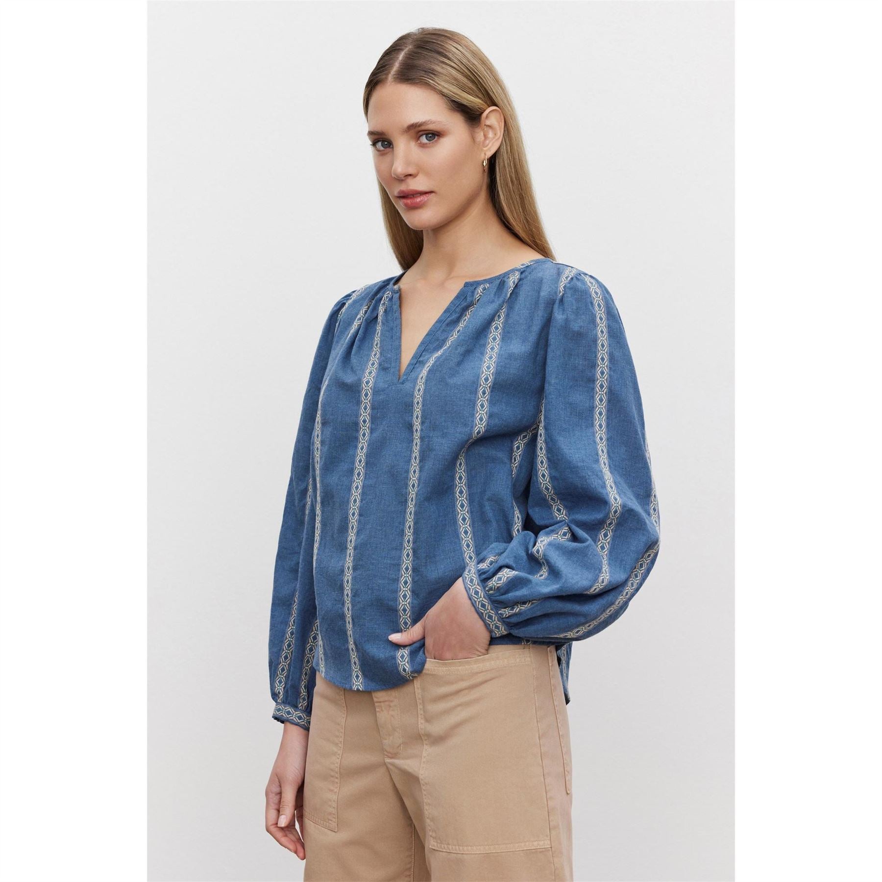 Velvet by Graham and Spencer Regular Fit V-Neck Bishop Sleeve Blouse